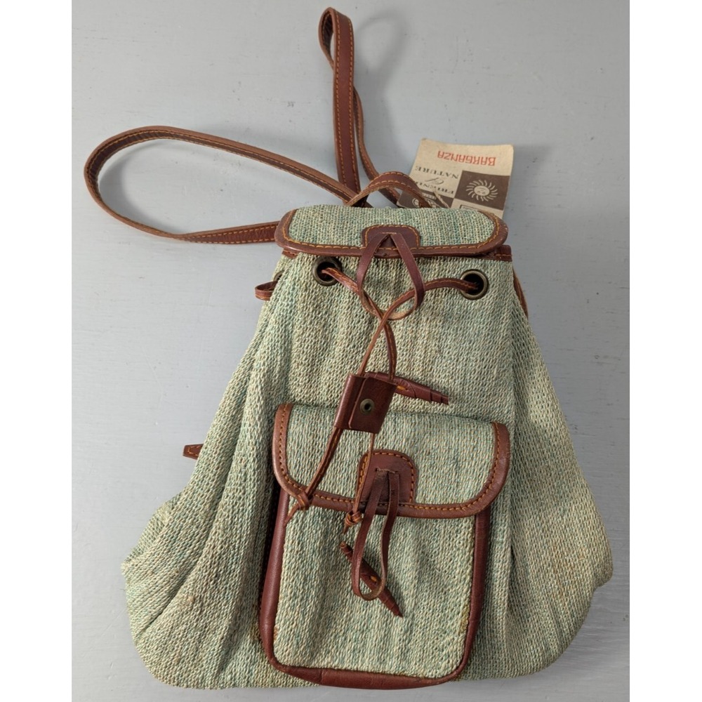 Barganza Backpack‎ Green Woven Fabric Leather Trim tylish Designer Bag NWT